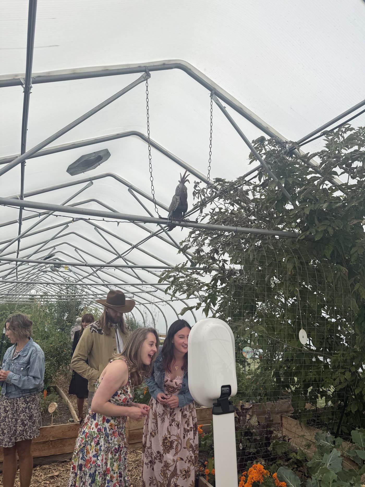 Guests at the photo booth in a greenhouse wedding
